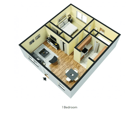 3d floor plan of a home with a bedroom and living room